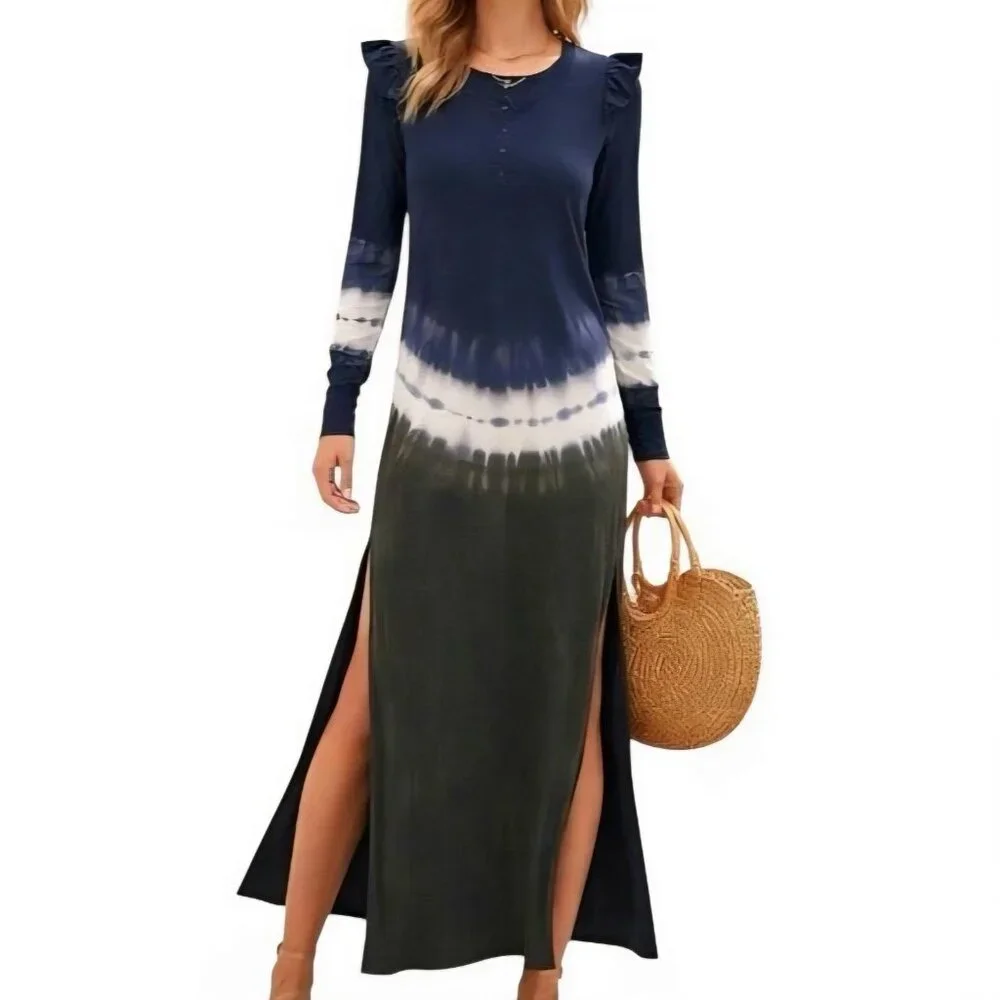 NWT REVOLVE Z Supply - S Blue‎ Iris Tie Dye Ruffle Maxi Side Slits Dress